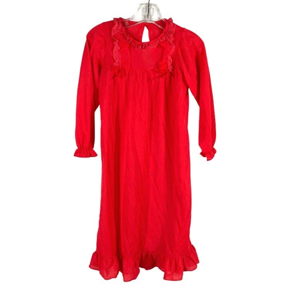 Vintage HER MAJESTY Red Night GOWN Silky Nylon Ruffle Hem w/Lace Bow Trim 2T